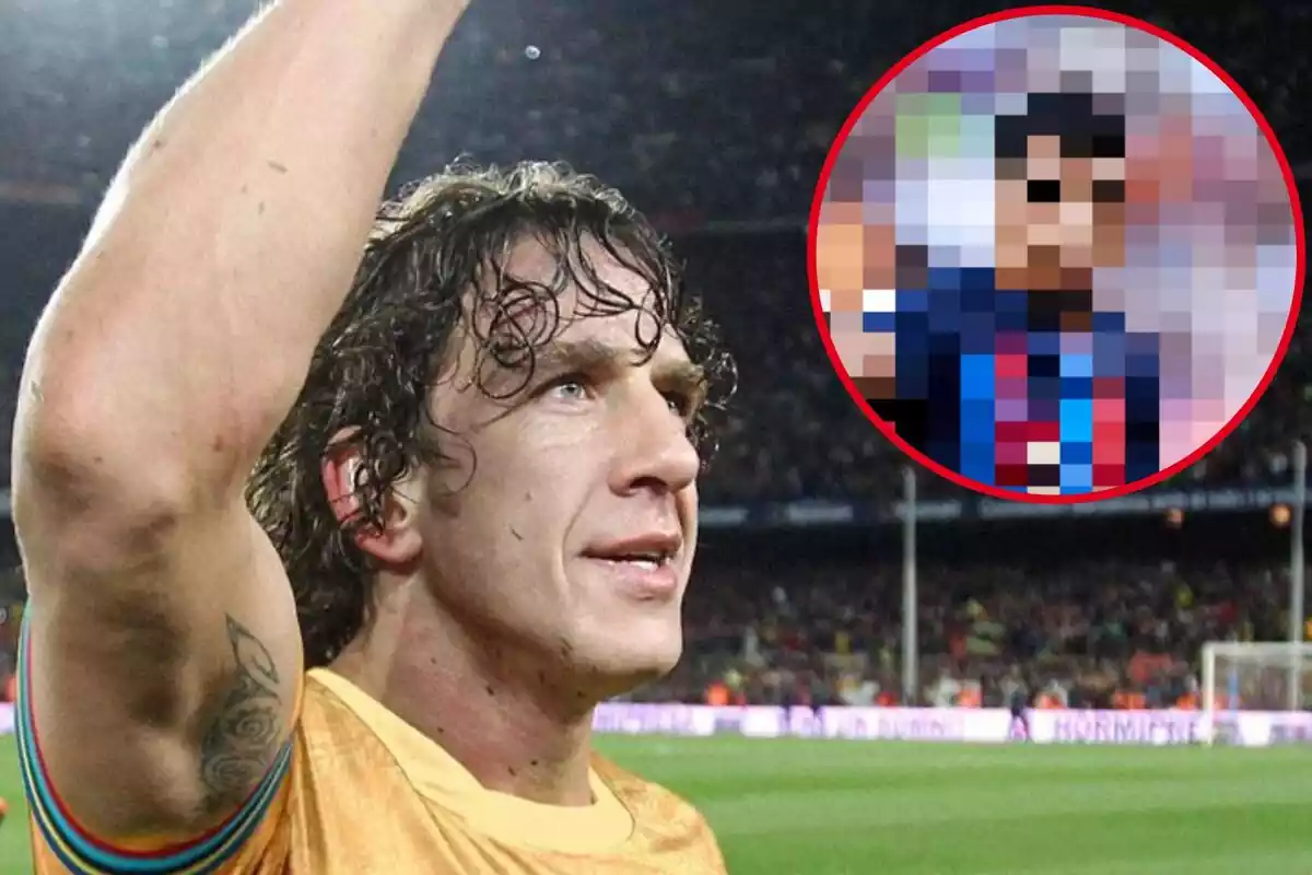 Montaje de Carles Puyol con un jugador pixelado