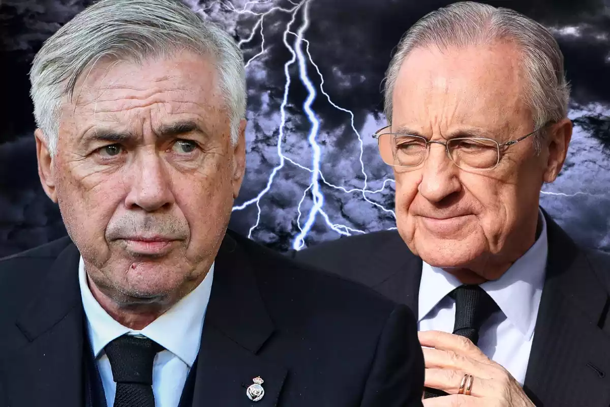 Carlo Ancelotti y Florentino Pérez sobre un fondo de tormenta