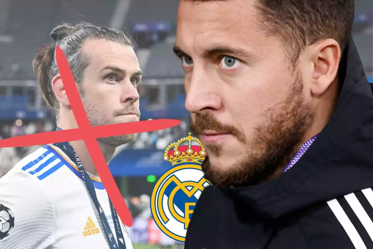 Eden Hazard mira a Gareth Bale en un montaje con el escudo del Real Madrid en el fondo