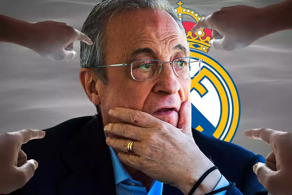 Florentino Pérez señalado con el escudo del Real Madrid en el fondo