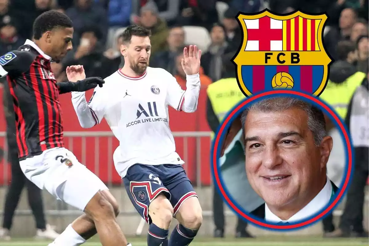 Jean-Clair Todibo defiende a Leo Messi con Joan Laporta al lado y el escudo del FC Barcelona