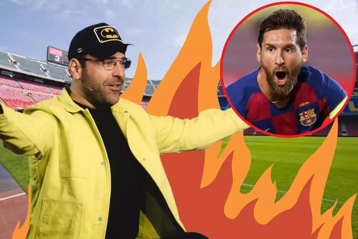 Montaje de Gerard Romero con fuego en el Camp Nou y Messi