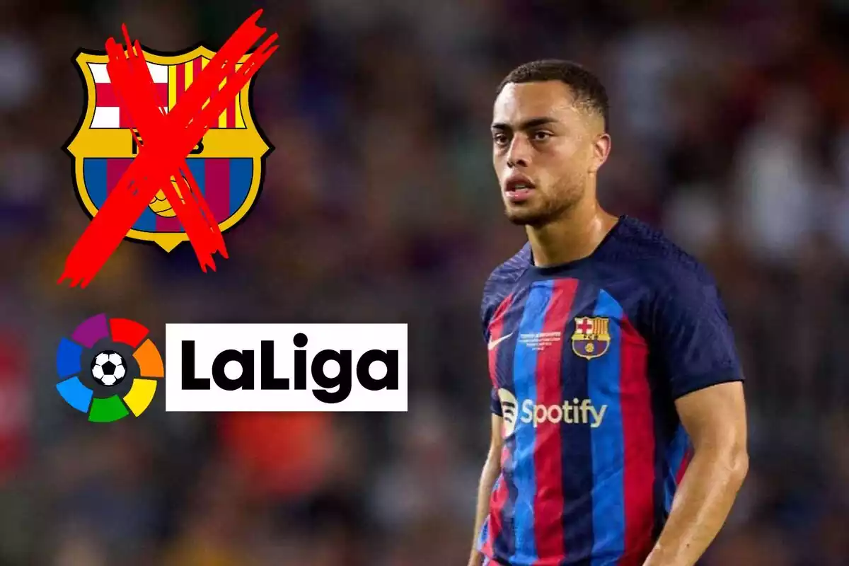 Montaje de Sergiño Dest con el logo de LaLiga y el escudo del Barça
