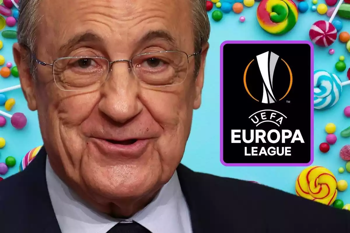 Montaje de Florentino Pérez con el logo de la Europa League sobre un fondo lleno de caramelos