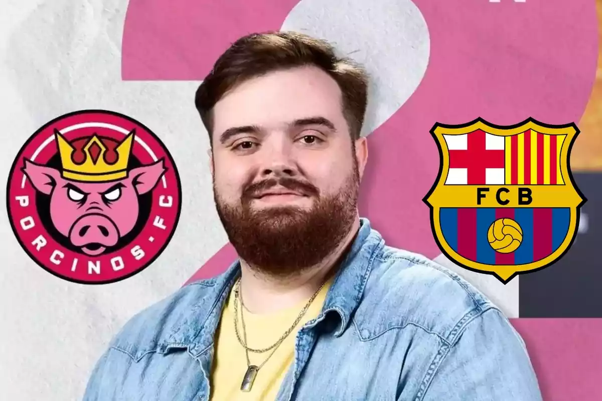 Ibai Llanos con el escudo de Porcinos y el del Barça