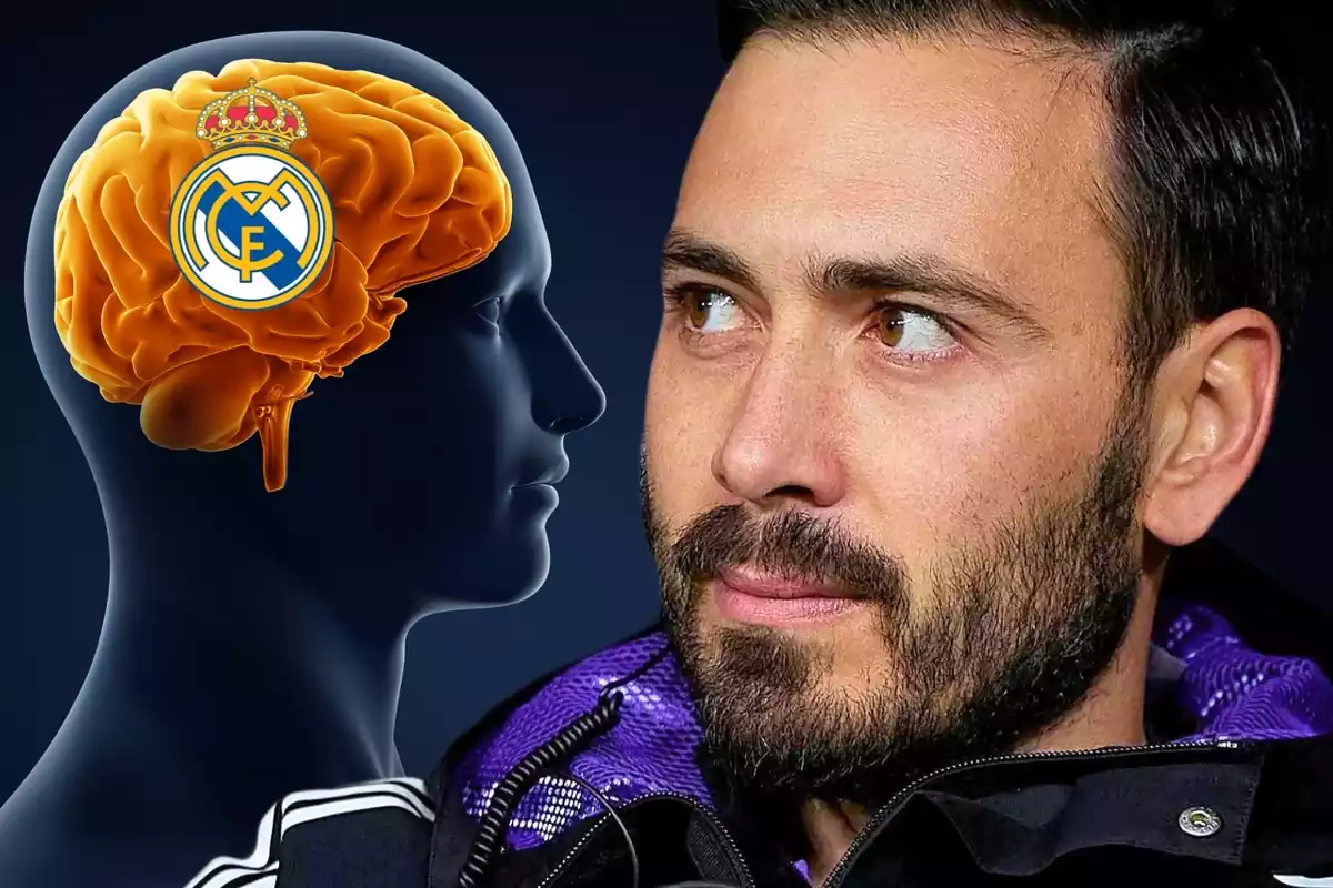 Montaje de Davide Ancelotti de perfil con una imagen de un cerebro humano con el escudo del Real Madrid en el centro