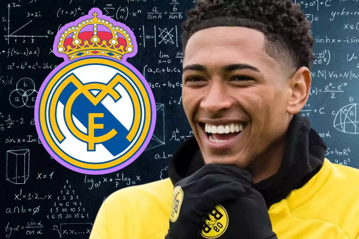 Montaje de Jude Bellingham sonriendo junto al escudo del Real Madrid sobre un fondo lleno de fórmulas matemáticas