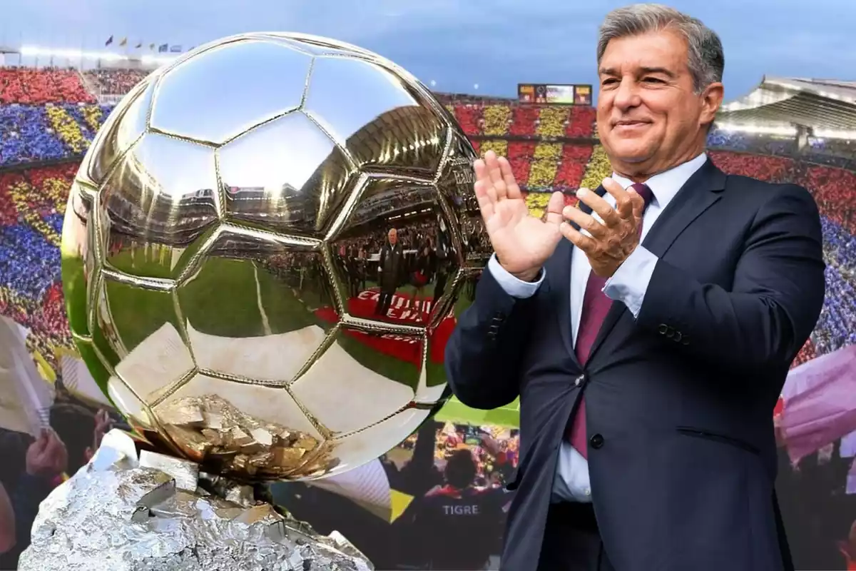 Montaje del Balón de Oro junto a Joan Laporta aplaudiendo sobre un fondo del Camp Nou