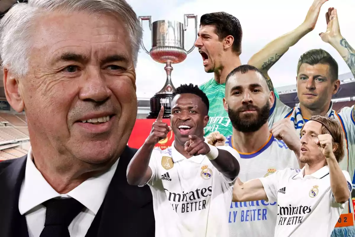 Montaje de Carlo Ancelotti con varios jugadores del Real Madrid celebrando