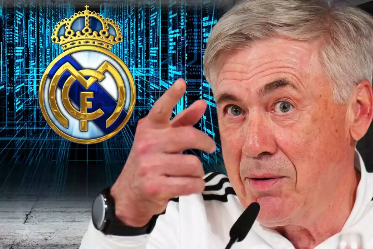 Montaje de Carlo Ancelotti mirando hacia un escudo del Real Madrid del futuro