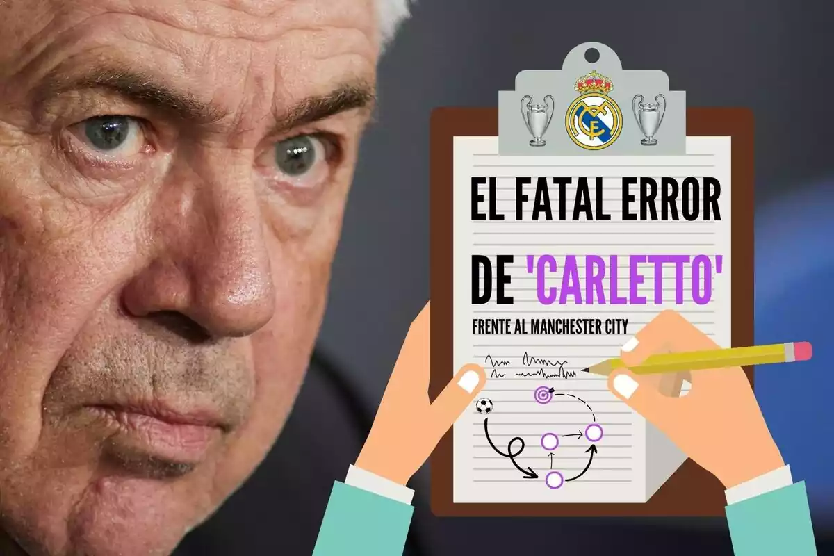 Montaje de Carlo Ancelotti mirando una libreta en la que está escrito "el fatal error de Carletto'