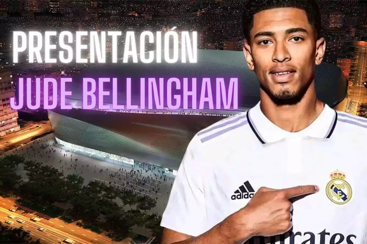 Montaje de Jude Bellingham con la camiseta del Real Madrid delante del Santiago Bernabéu