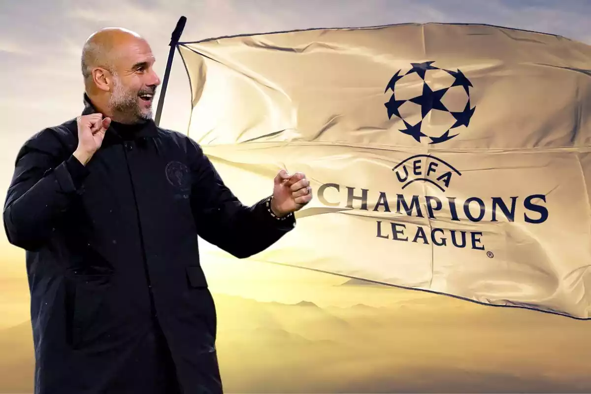 Montaje de Pep Guardiola con la bandera de la Champions League