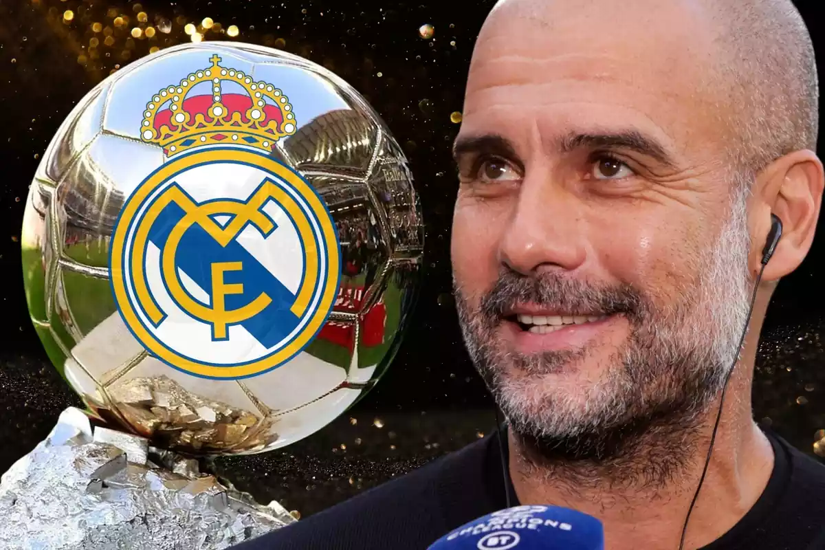 Montaje de Pep Guardiola mirando con cara de deseo al Balón de Oro con un escudo del Real Madrid sobre un fondo negro y dorado