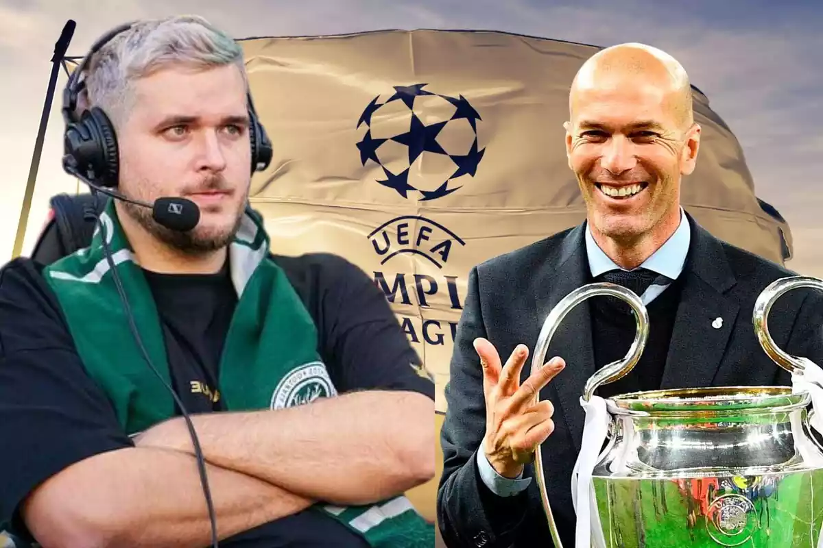 Montaje de Perxitaa mirando a Zidane y de fondo la bandera de la Champions
