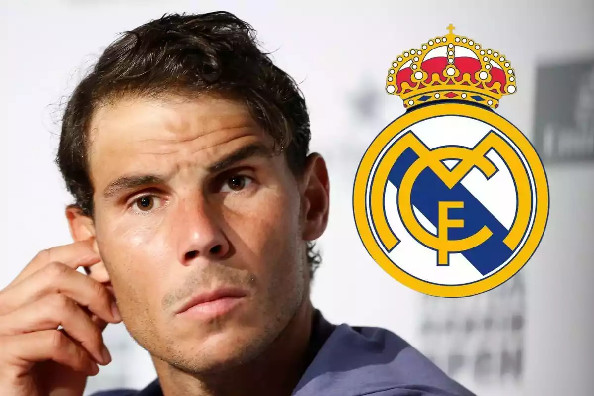 Montaje de Rafa Nadal con rostro serio y el escudo del Real Madrid