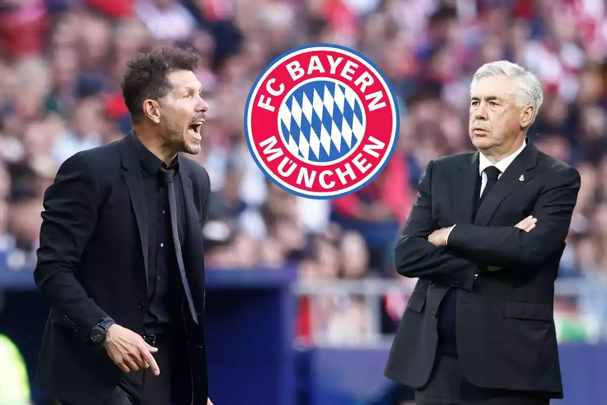 Montaje de Simeone y Ancelotti mirando serios al escudo del Bayern