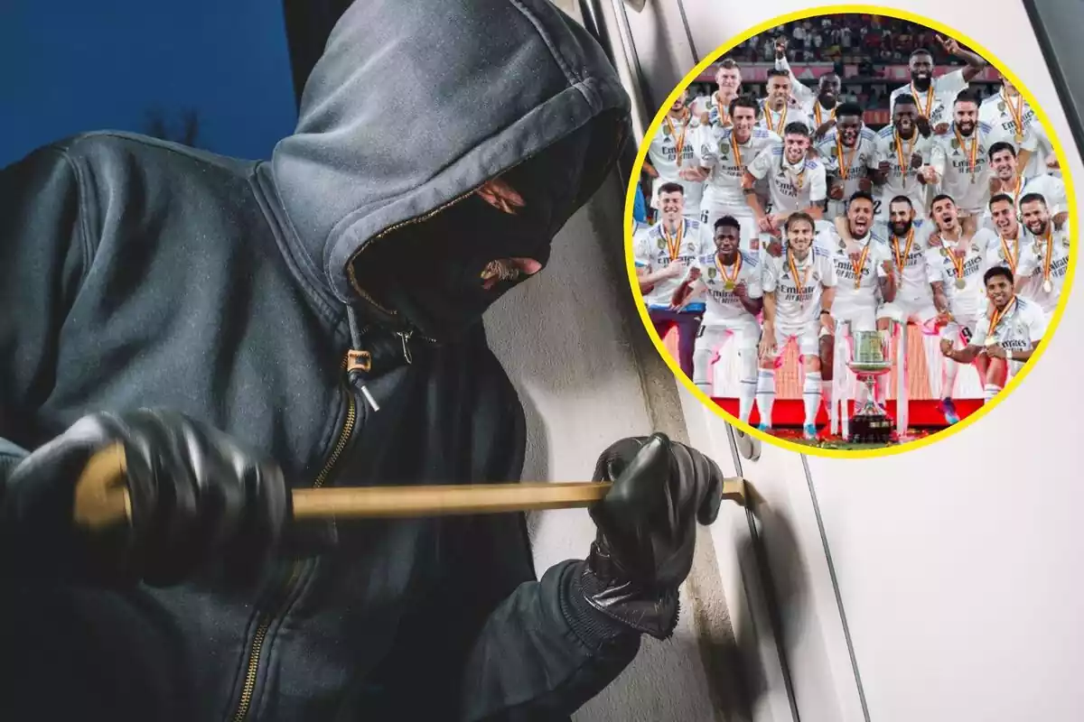 Montaje de un ladrón junto a los jugadores del Real Madrid celebrando la Copa del Rey