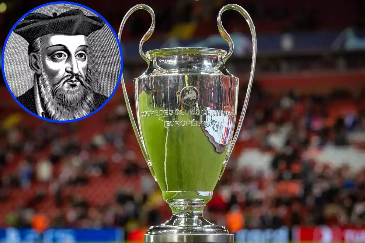Montaje de una pintura de Nostradamus junto al trofeo de la Champions League