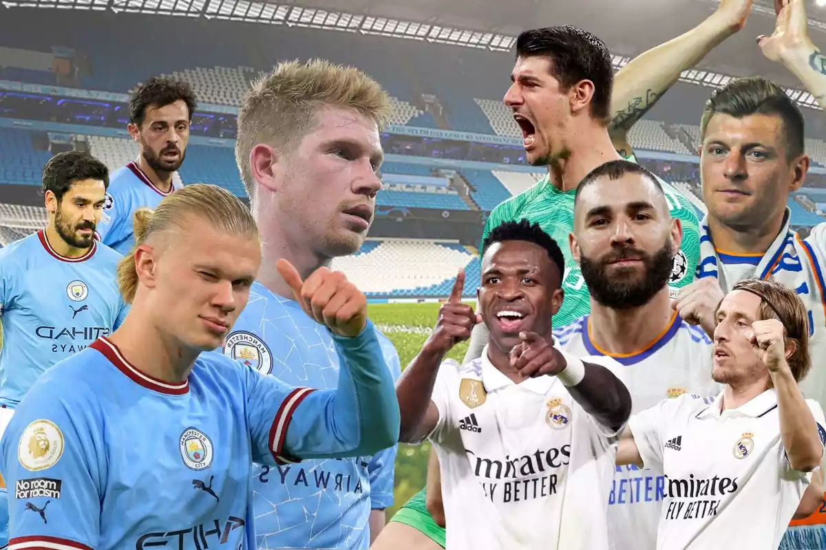 Montaje de varios jugadores del Real Madrid y el Manchester City cara a cara con el Etihad Stadium en el fondo