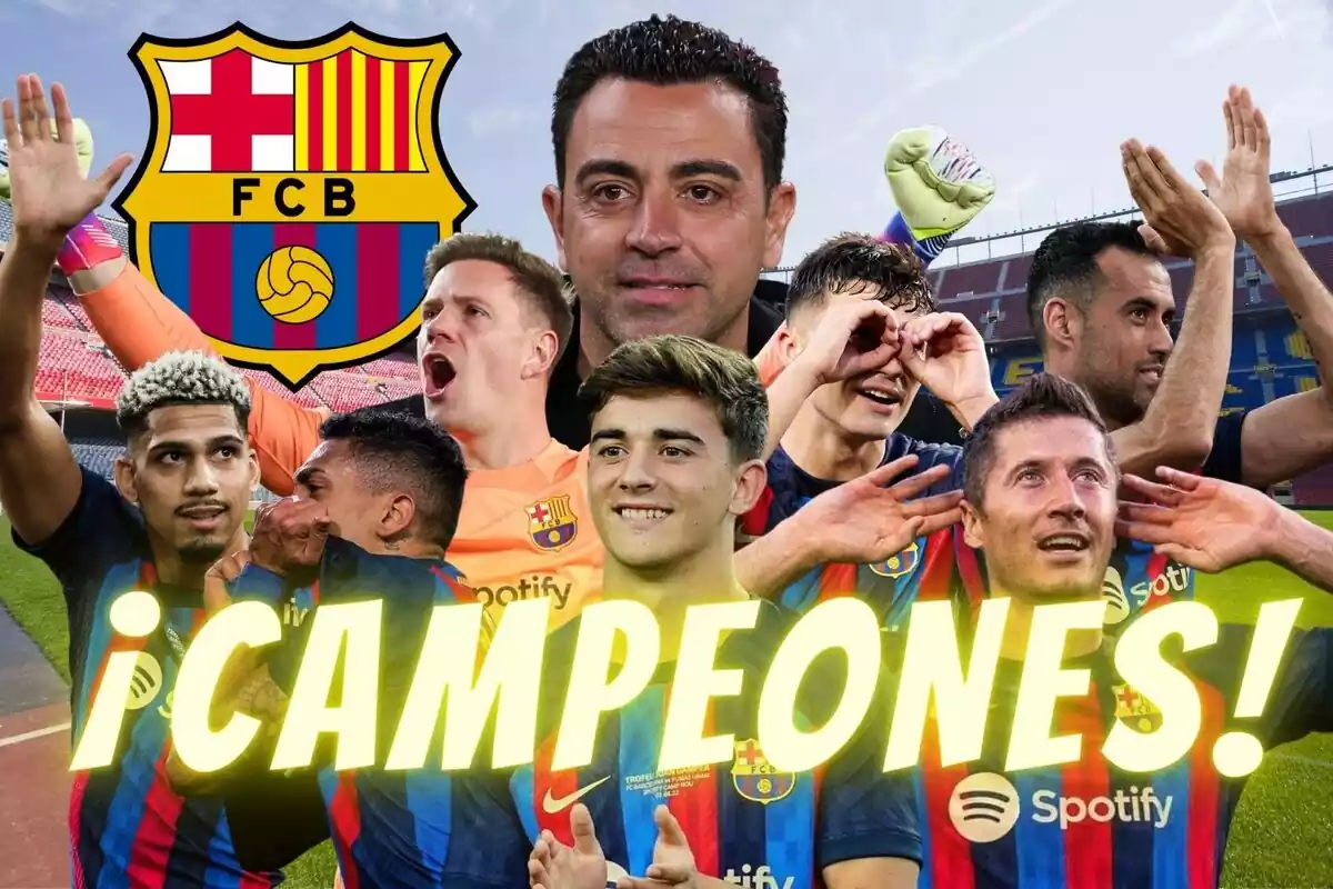 Montaje del FC Barcelona y sus jugadores celebrando LaLiga