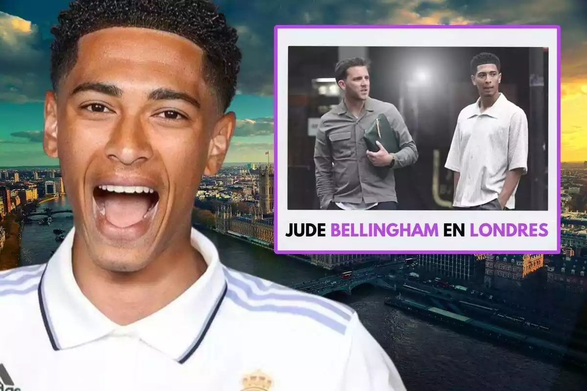 Jude Bellingham feliz con la camiseta del Real Madrid al lado de una imagen con su agente y Londres al fondo