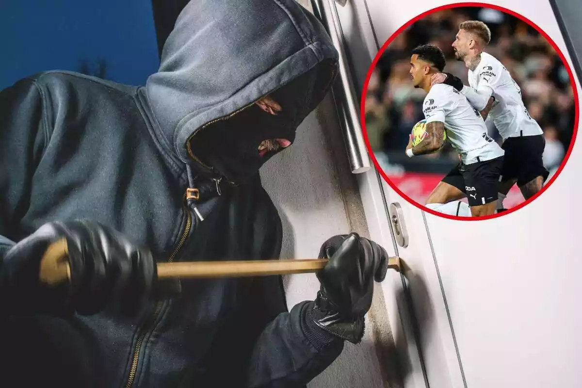 Montaje de un ladrón entrando a una casa y los jugadores del Valencia