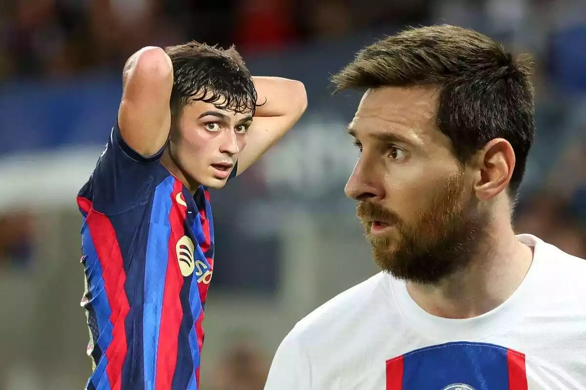 Montaje de Lionel Messi con la camiseta del PSG y Pedri, con la del FC Barcelona, ambos con rostro preocupado