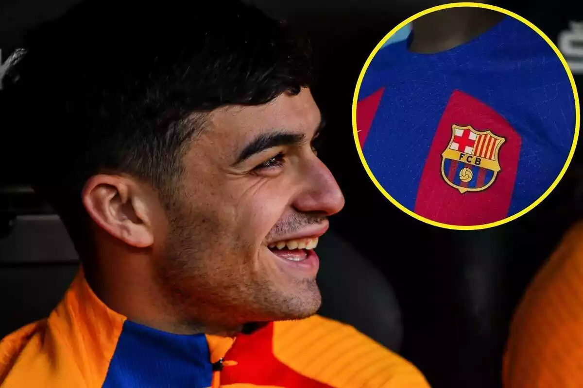 Montaje de Pedri mirando la nueva camiseta del FC Barcelona