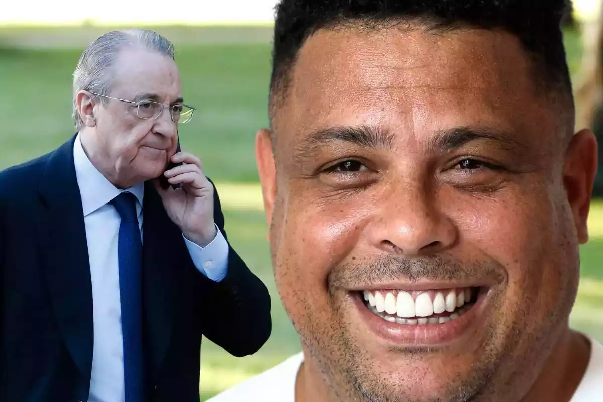Ronaldo Nazario feliz junto a Florentino Pérez hablando por teléfono