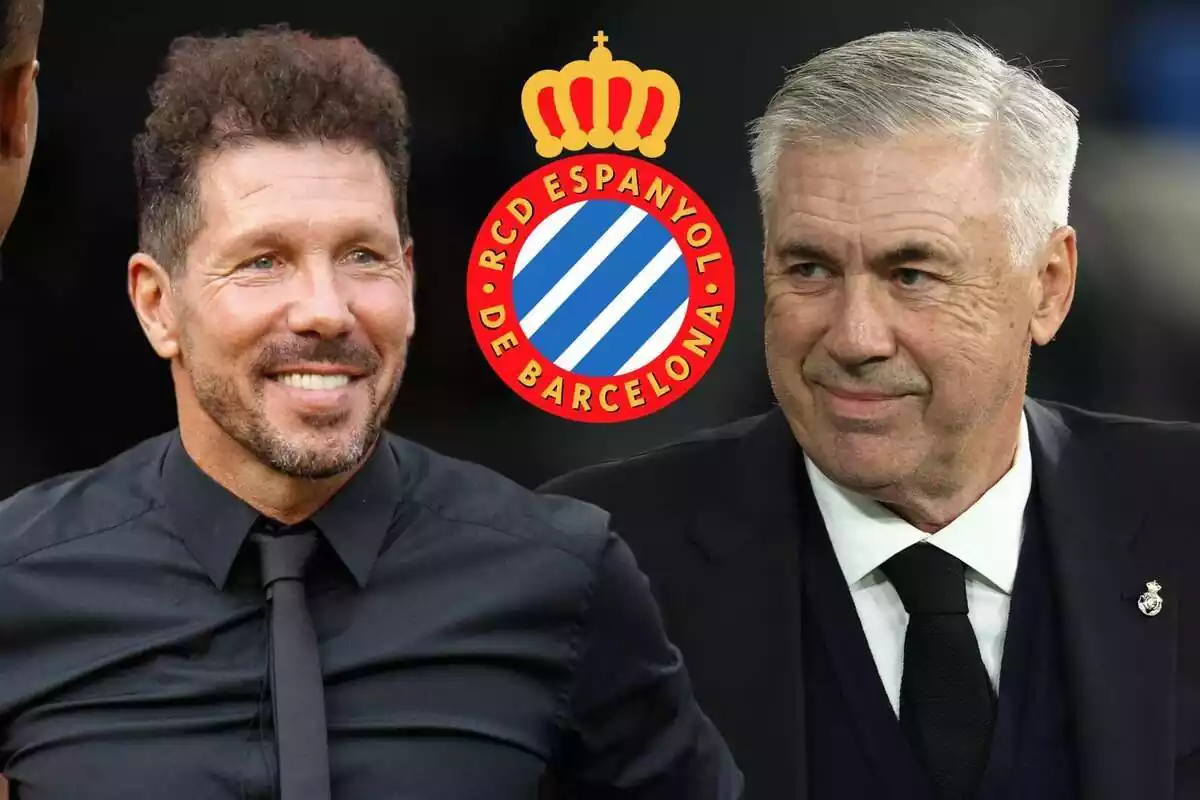 Montaje de Simeone y Ancelotti riéndose del escudo del Espanyol